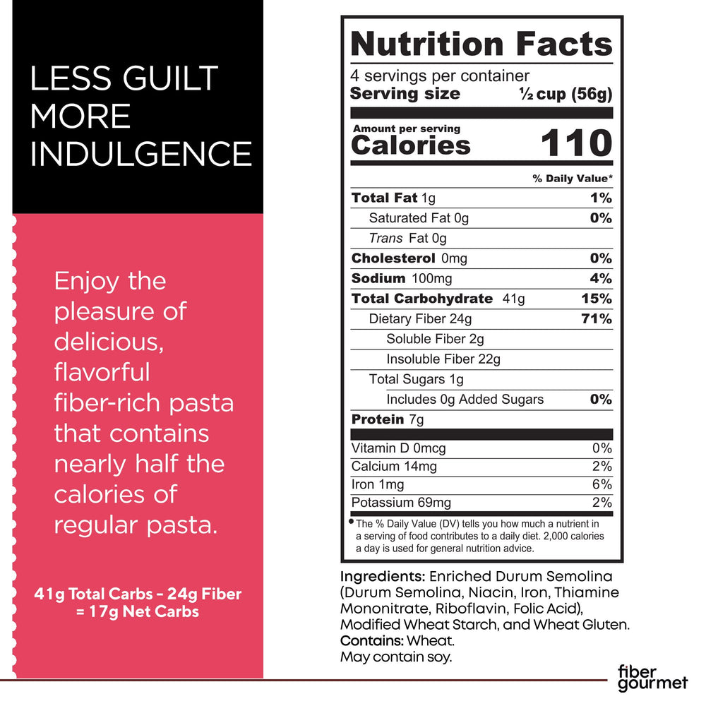 Close-up of Fiber Gourmet Light Penne box showing non-GMO and Italian craft.