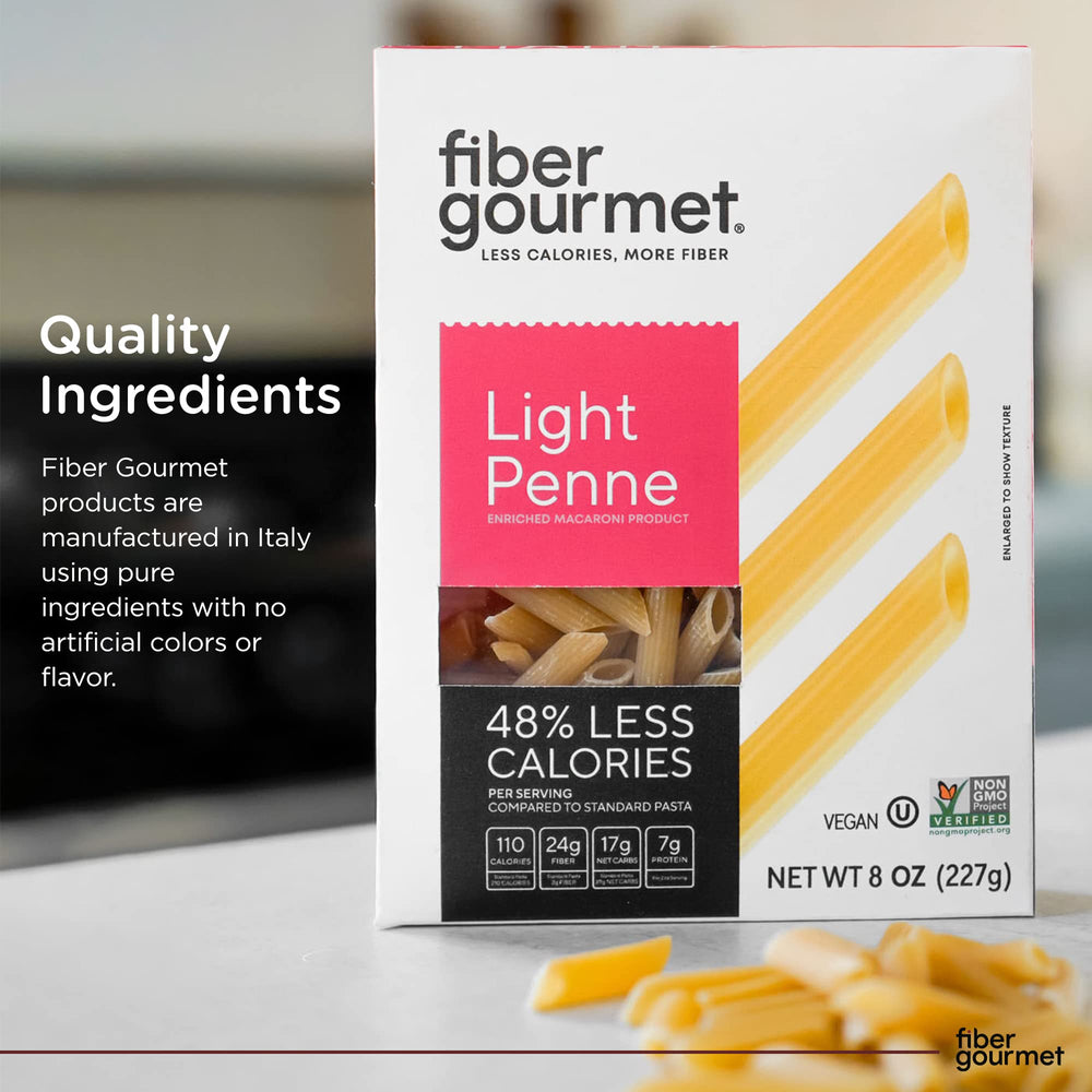 Italian-made Fiber Gourmet Light Penne pasta in premium packaging.