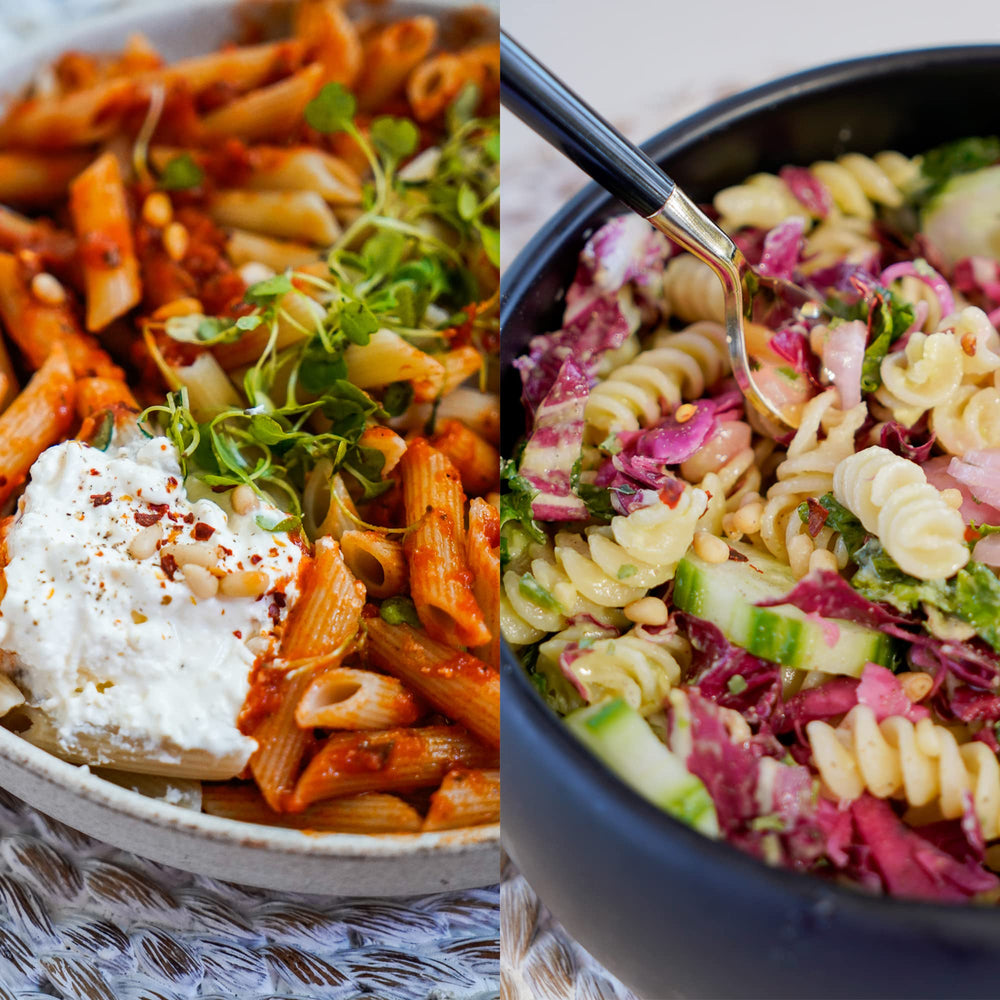 Fiber Gourmet penne plate featuring sauce-friendly shape and reduced net carbs
