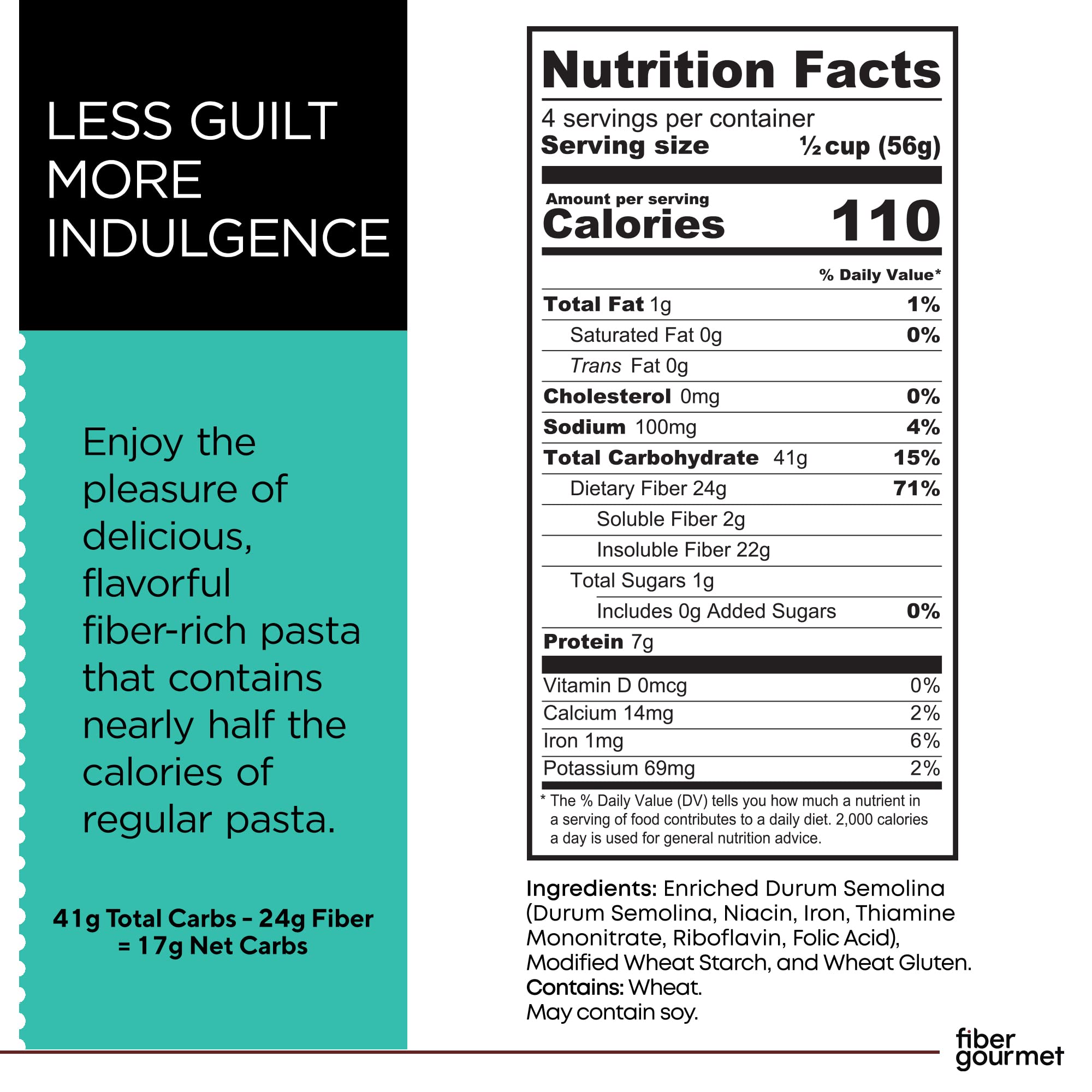 Fiber Gourmet low-carb pasta rotini pack highlighting texture and fiber boost