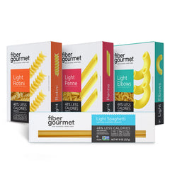 Fiber Gourmet low-carb pasta spaghetti pack showing variety and high fiber content