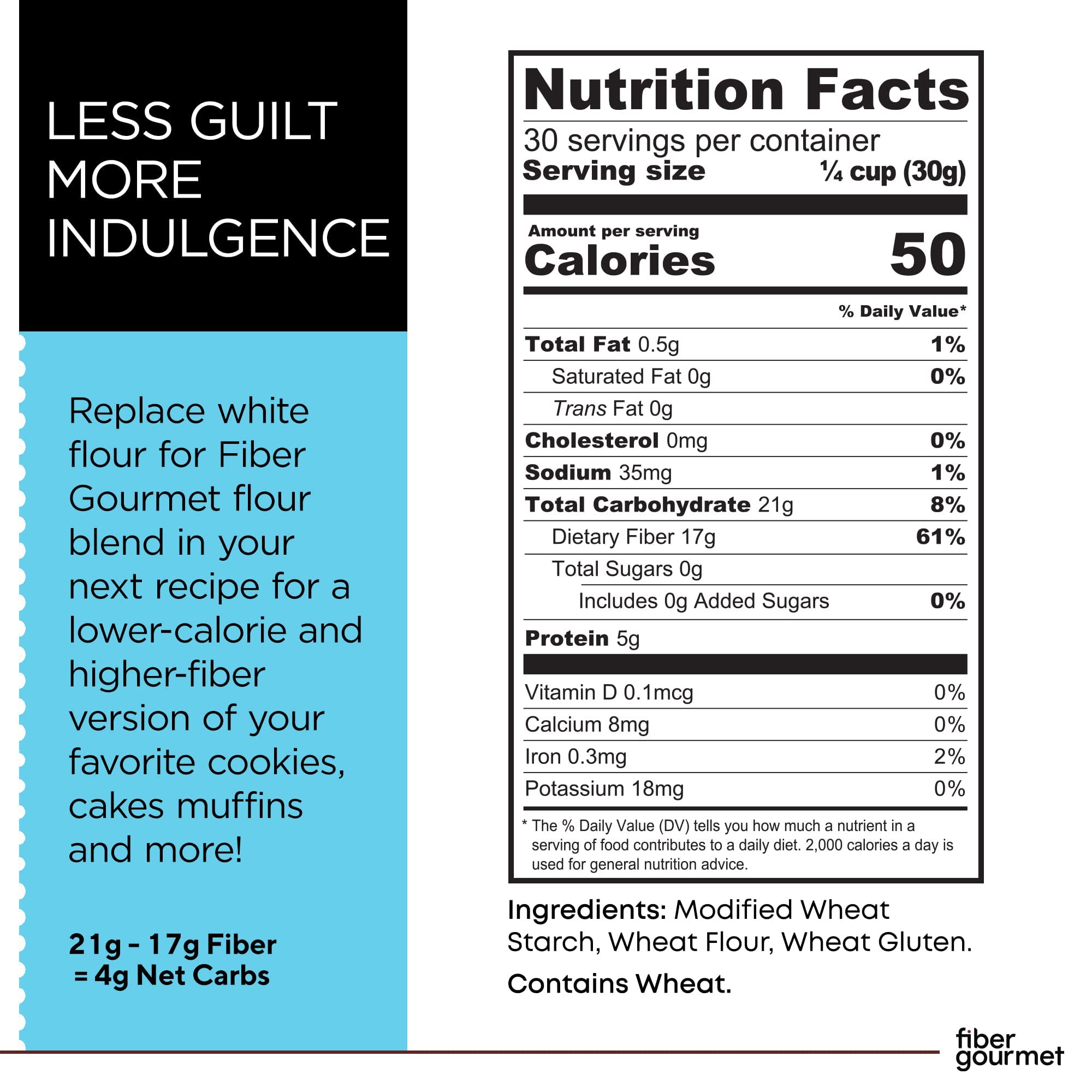 Measuring cup with Fiber Gourmet flour illustrating simple 1:1 substitution.