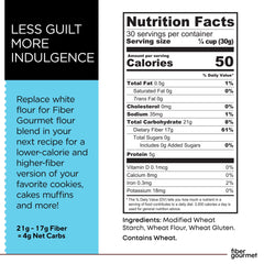 Measuring cup with Fiber Gourmet flour illustrating simple 1:1 substitution.