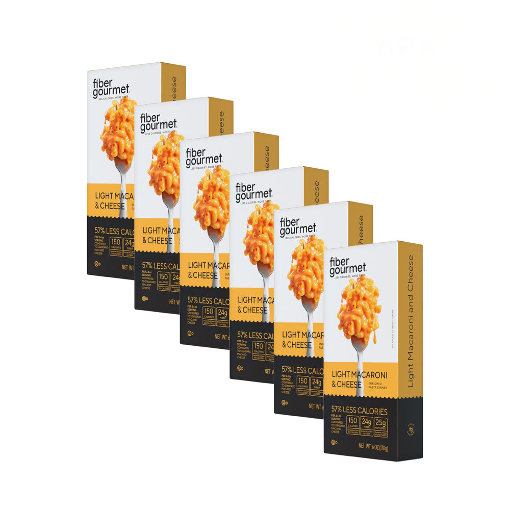 Fiber Gourmet Mac and Cheese 6-pack box for quick family dinners.