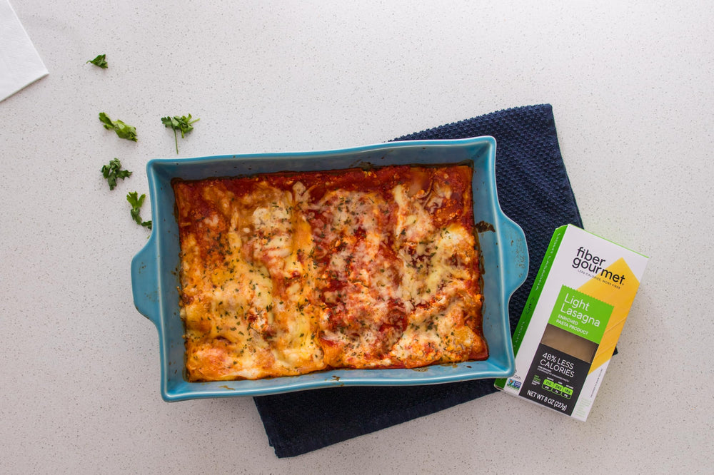 Fiber Gourmet nutrition panel highlights 24g fiber and 18g net carbs per serving