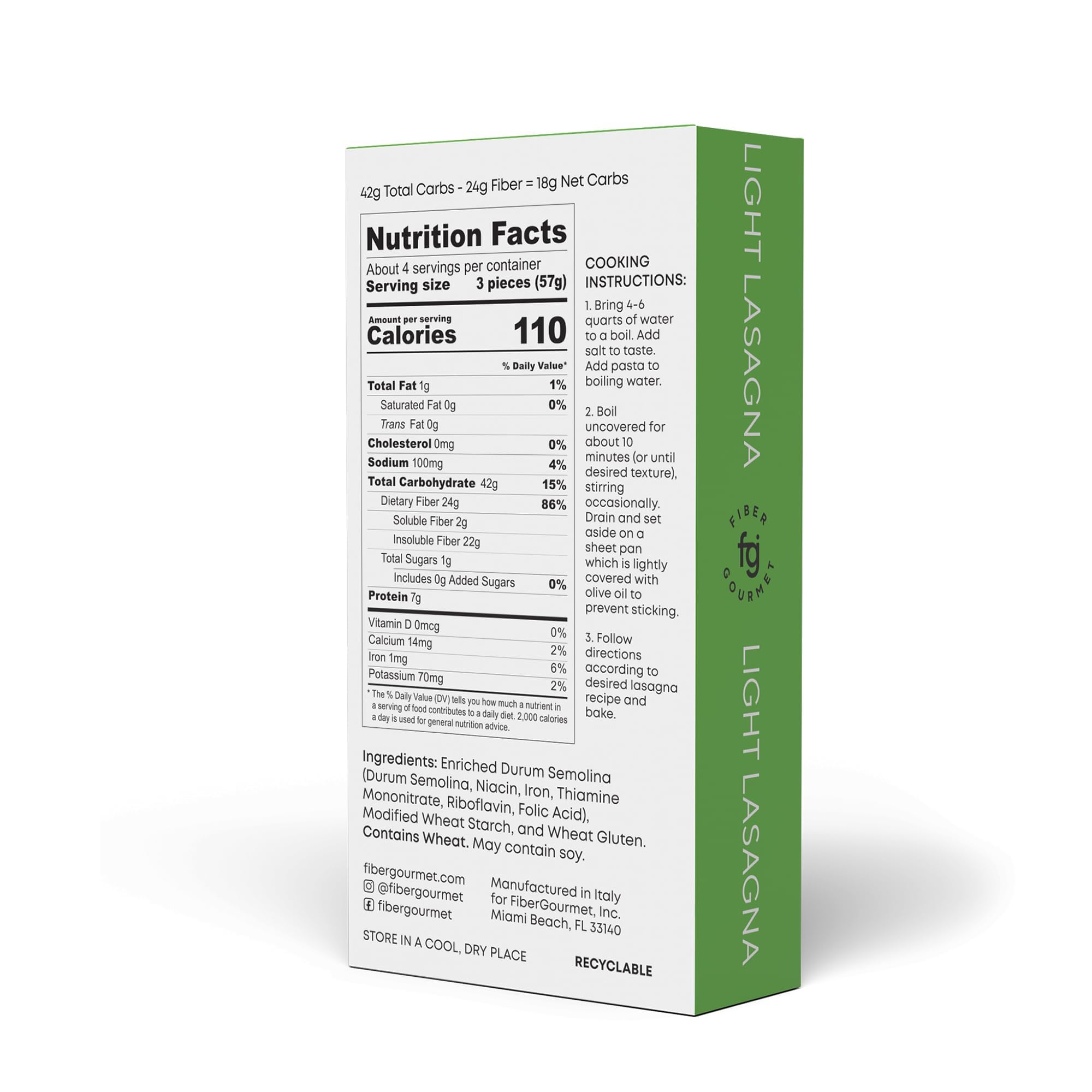 Fiber Gourmet Pasta Light Lasagna Sheets uncooked sheets ready for quick healthy lasagna layers