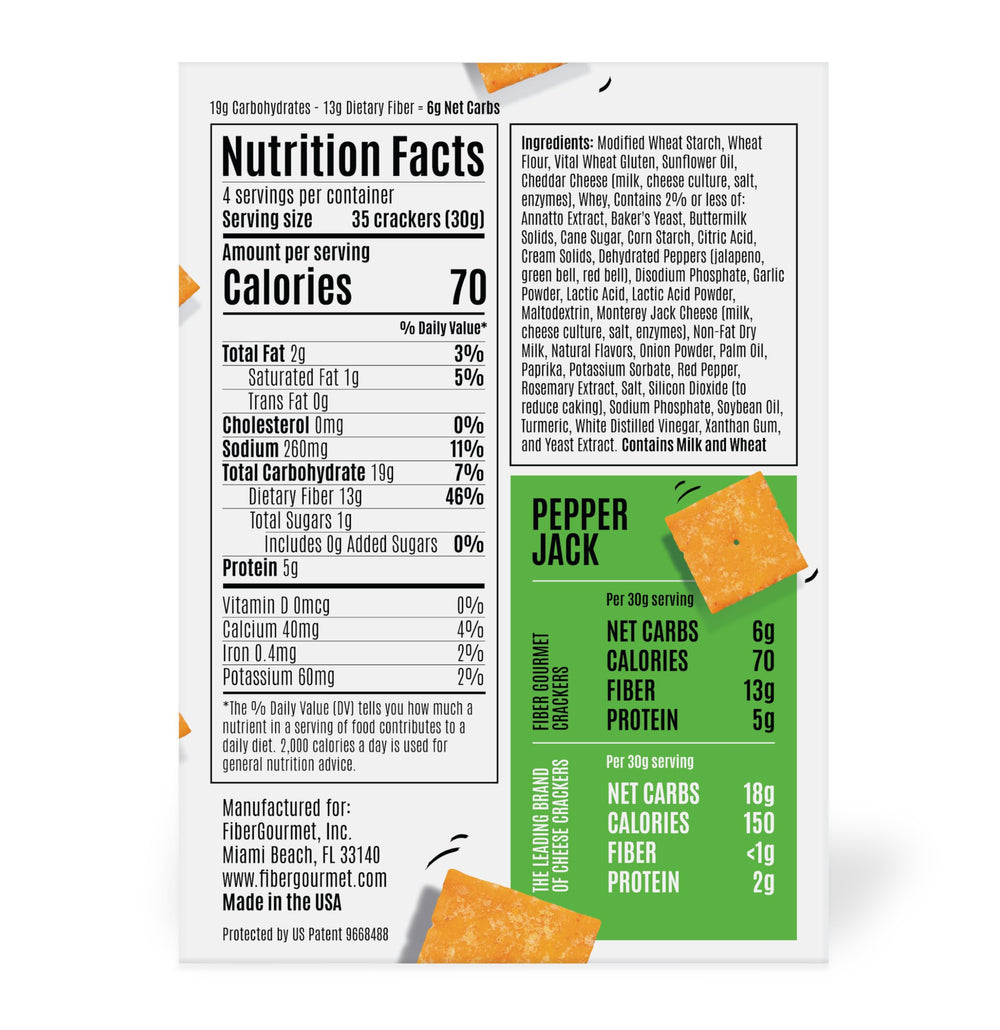 Fiber Gourmet Pepper Jack Thinables cracker bite, rich flavor for on-the-go munching.