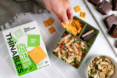 Crackers with dip featuring Fiber Gourmet Pepper Jack Thinables.