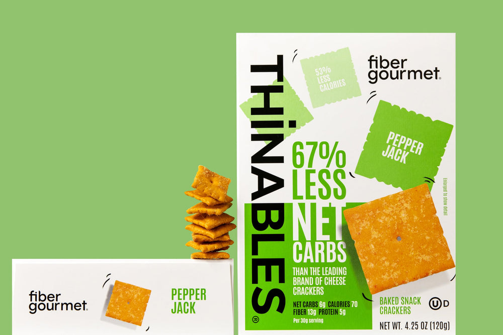 Serving bowl of Fiber Gourmet Pepper Jack Thinables, satisfying crunch.