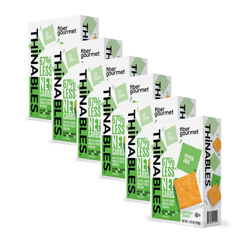 Fiber Gourmet Pepper Jack Thinables crackers pack, keto-friendly snack option.