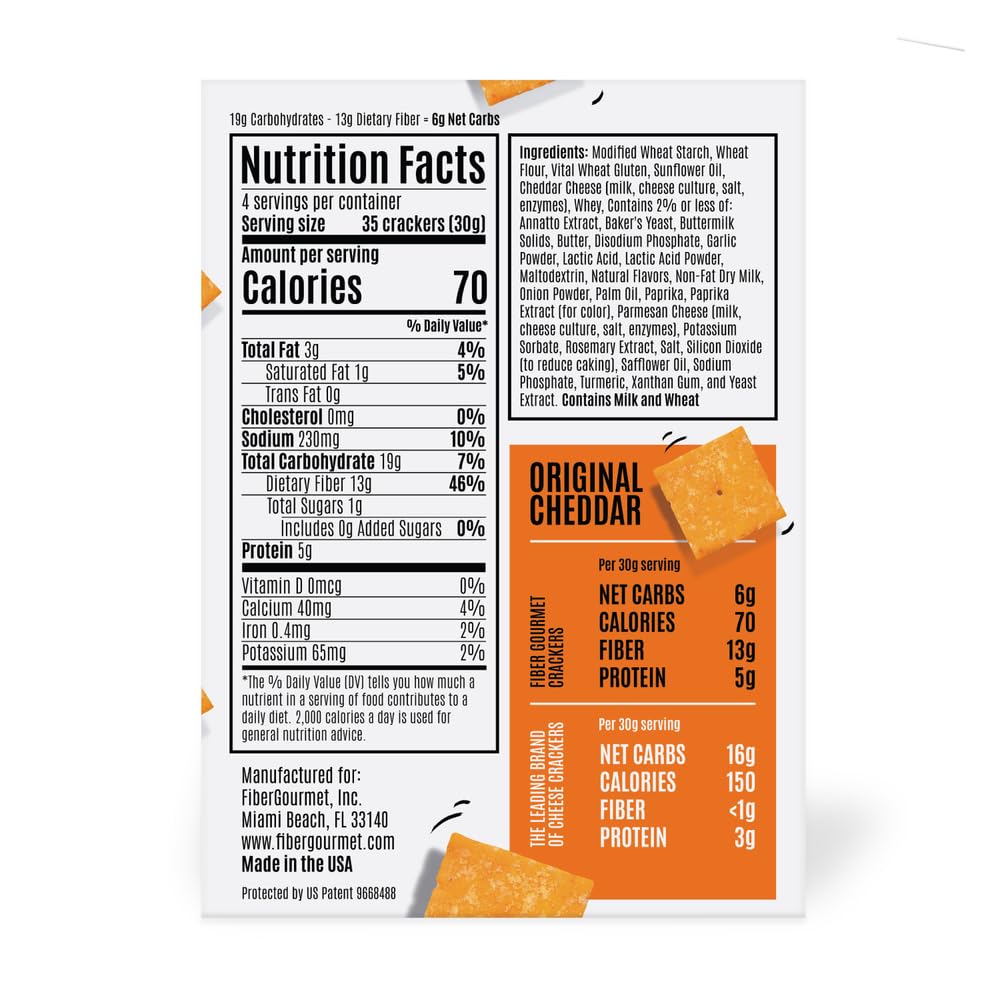 Closeup of Thinables cheddar crackers highlighting high fiber content for fullness