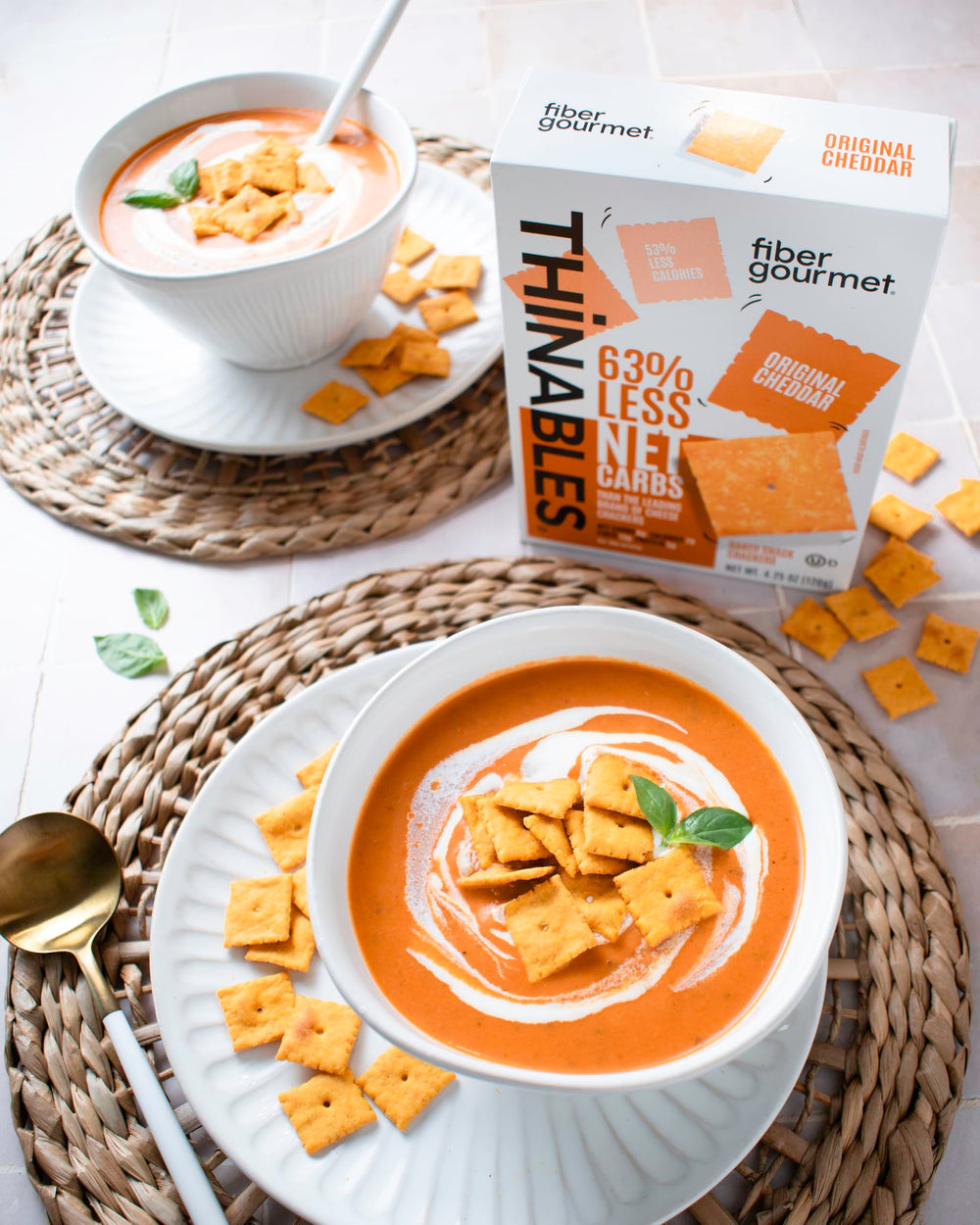 Fiber Gourmet Thinables Original closeup highlighting cheddar flavor and crisp texture