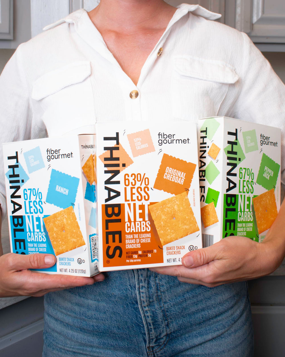 Fiber Gourmet Thinables variety-pack layout showing three flavors for sharing