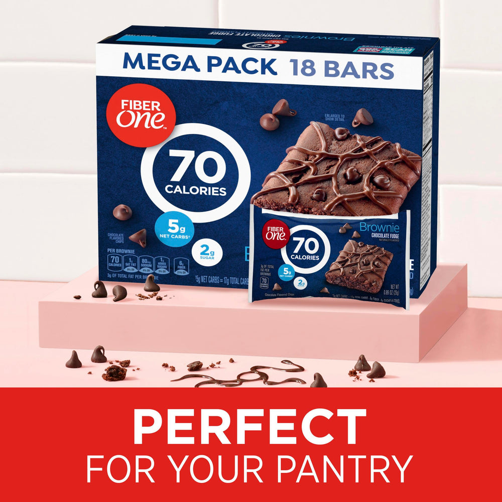Fiber One 70 Calorie Brownies bag opened for grab-and-go snacking.