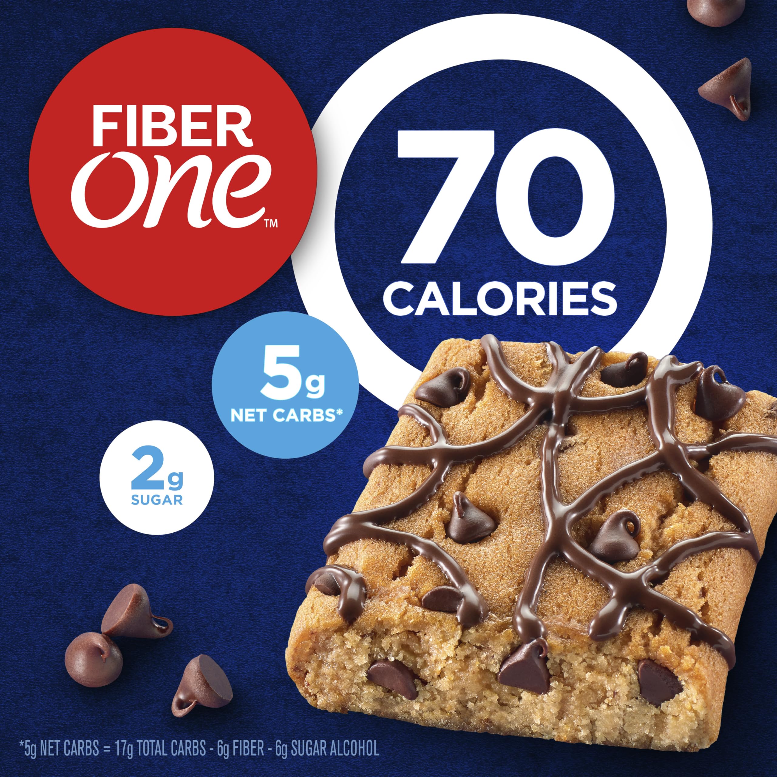 Chocolate chip cookie flavored Fiber One brownies with chips and drizzle.
