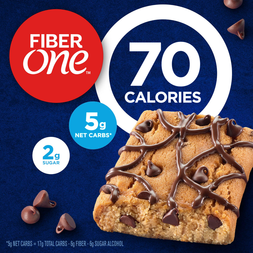 Chocolate chip cookie flavored Fiber One brownies with chips and drizzle.