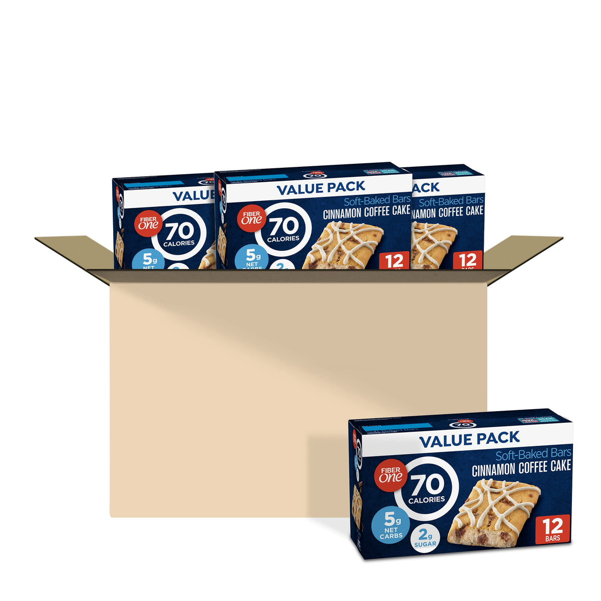 Fiber One 70 Calorie Cinnamon Coffee Cake soft-baked bars on display, a guilt-free treat option.