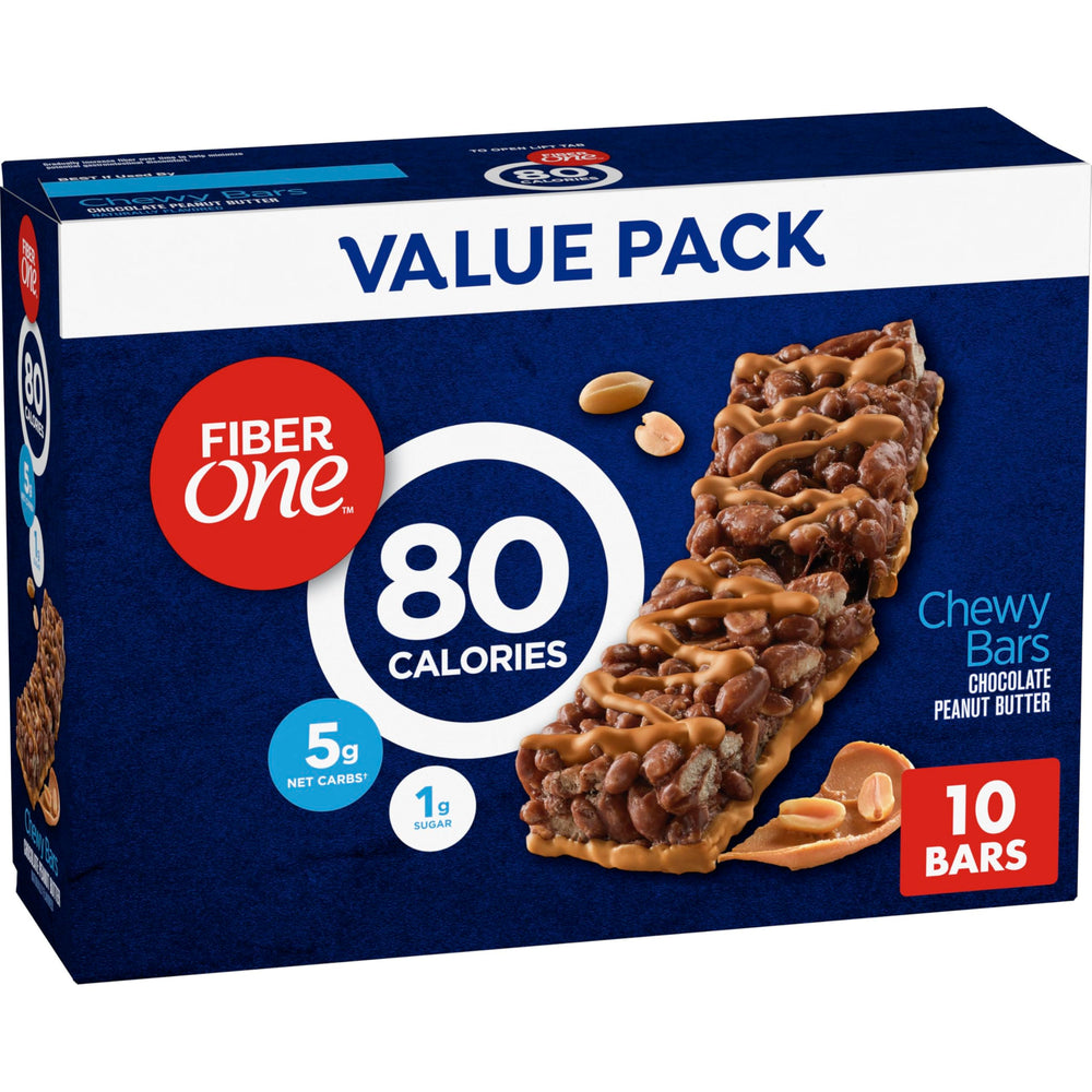 Fiber One 80 Calorie chocolate peanut butter chewy bars on package, convenient on-the-go snack