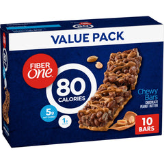 Fiber One 80 Calorie chocolate peanut butter chewy bars on package, convenient on-the-go snack