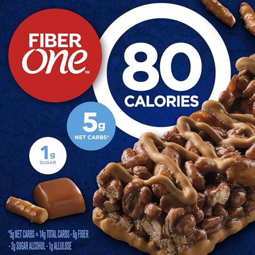 Fiber One 80-calorie chewy bars close-up with chocolate drizzle.