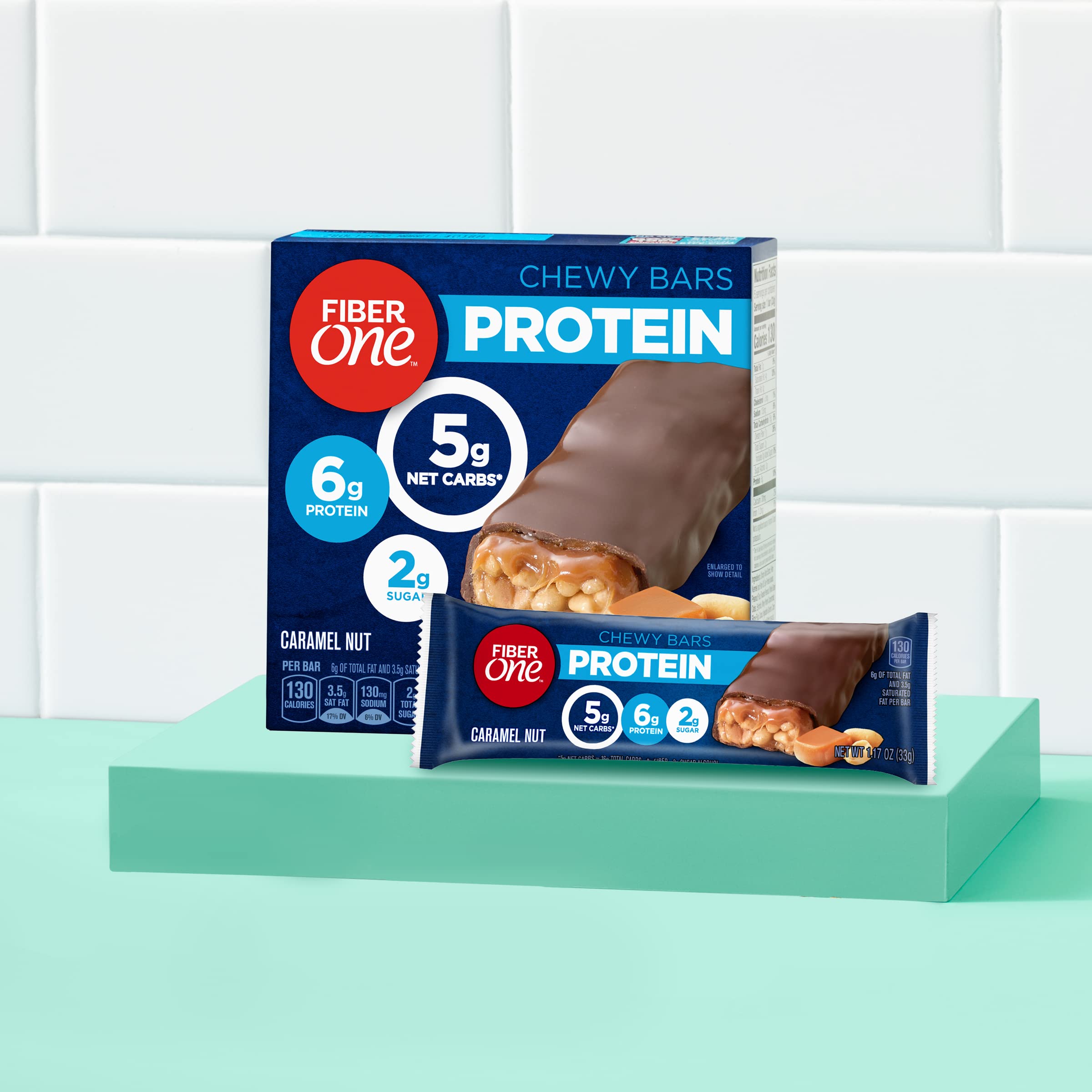 Fiber One Caramel Nut Bar slice showing caramel filling