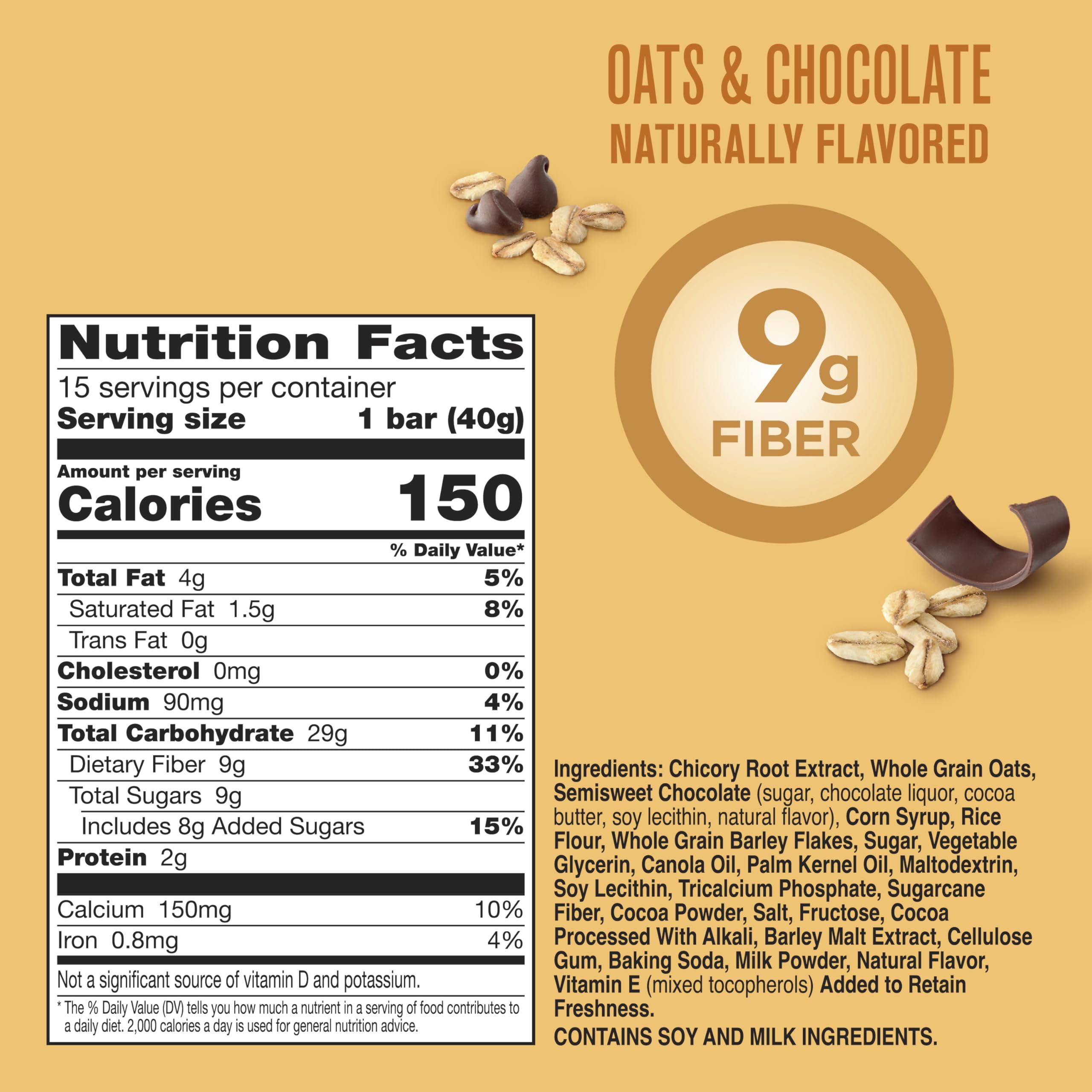 Fiber One Chewy Bars closeup highlights chocolate chips and chewy texture.