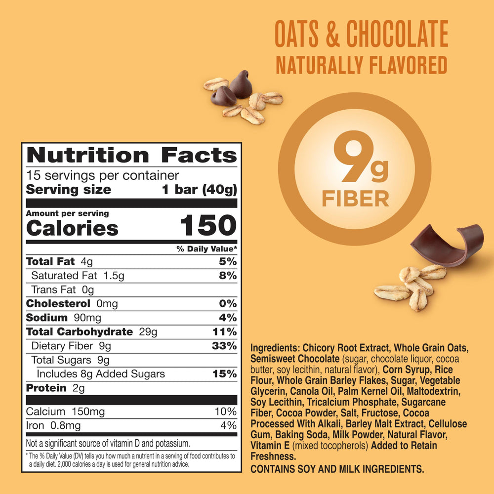 Fiber One Chewy Bars closeup highlights chocolate chips and chewy texture.