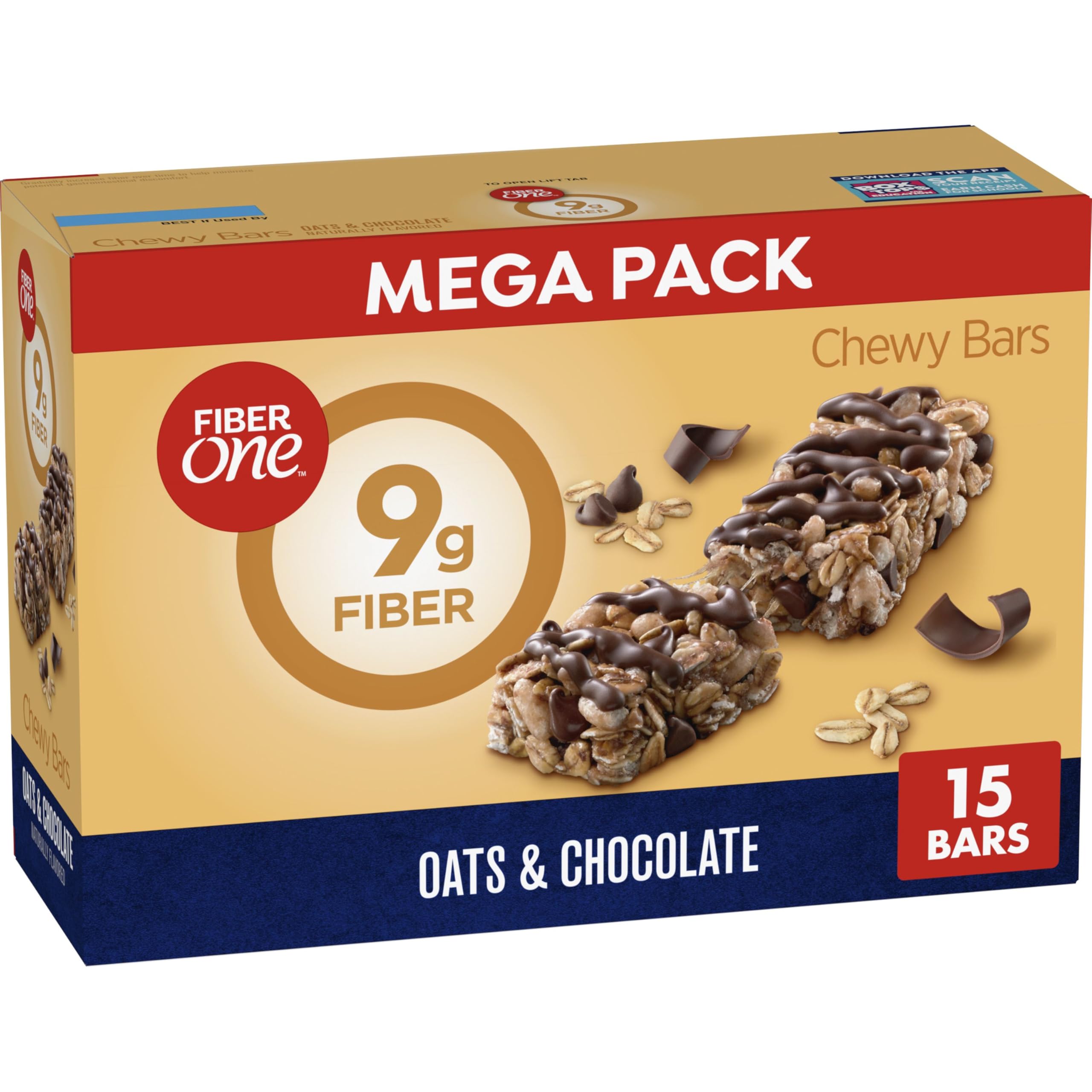 Fiber One Chewy Bars box front showing oats and chocolate flavor for a quick snack.