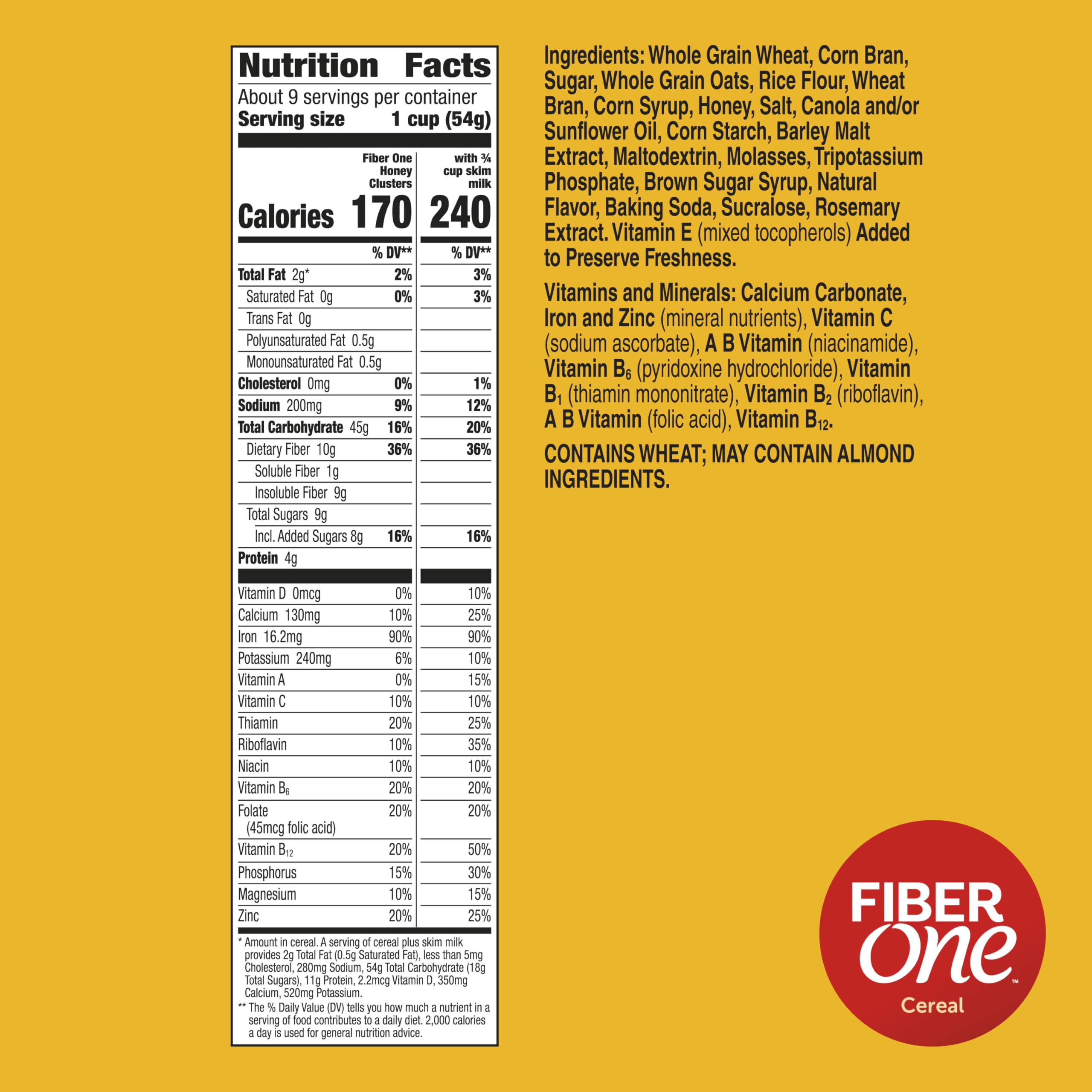 Fiber One Honey Clusters cereal bowl with milk highlights honey clusters' crunch.