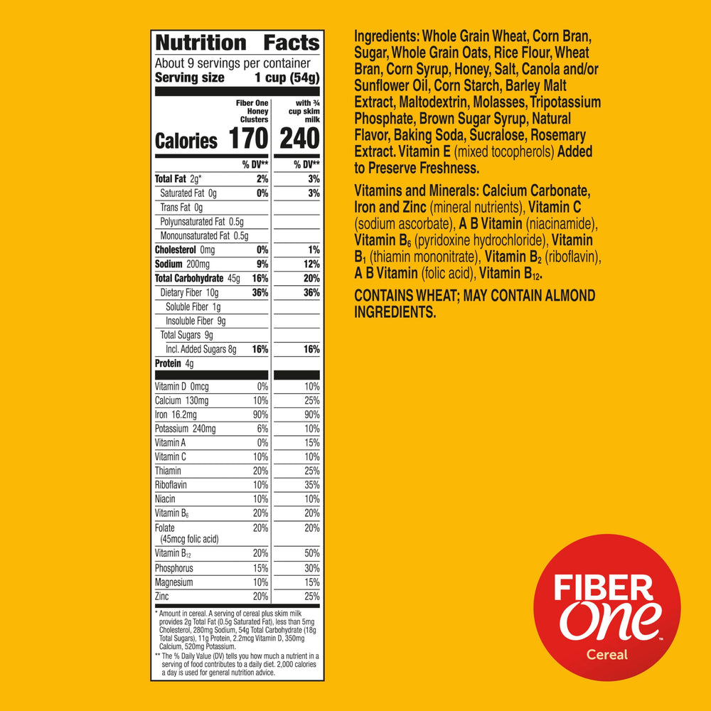 Fiber One Honey Clusters cereal bowl with milk highlights honey clusters' crunch.