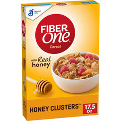 Fiber One Honey Clusters cereal box front shows real honey clusters for fiber-rich breakfast.