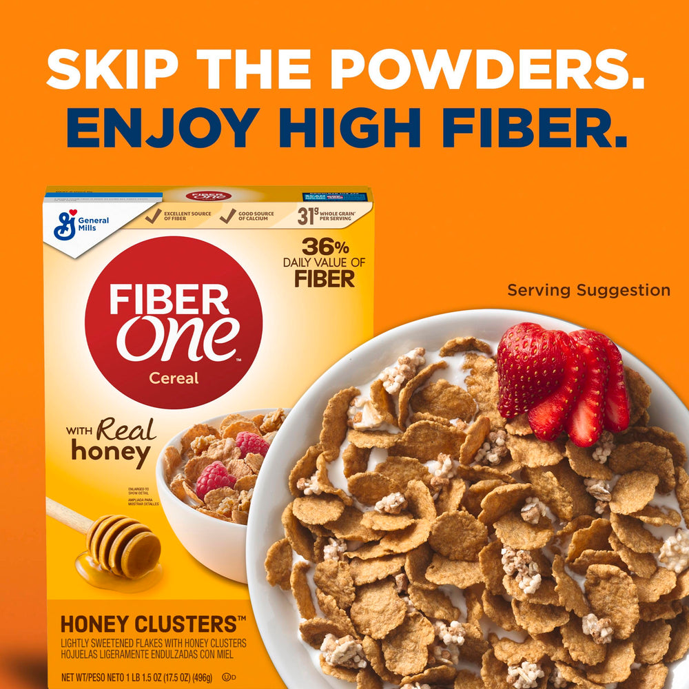 Pouring Fiber One Honey Clusters into a bowl ready for breakfast.