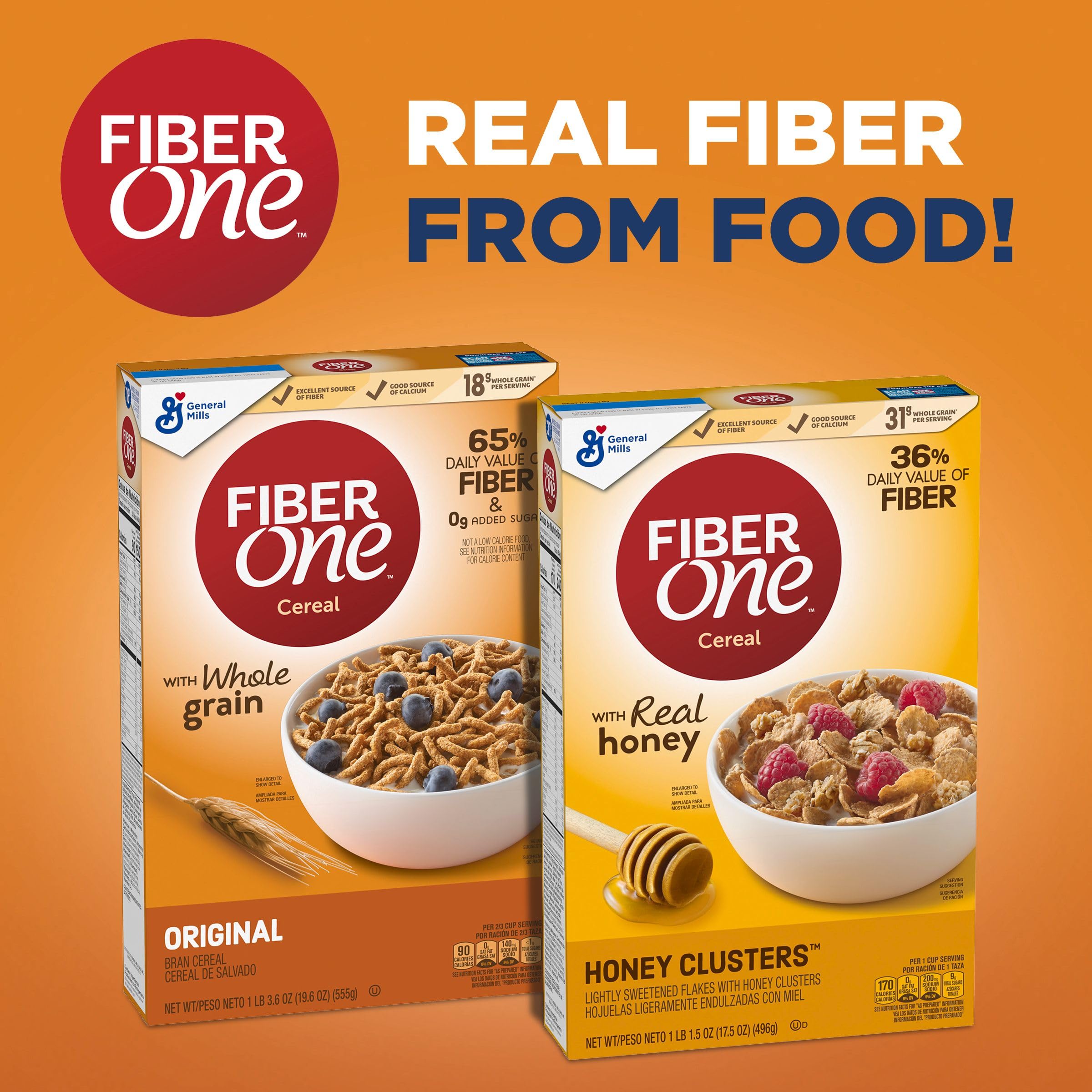 Whole grain-rich Fiber One Honey Clusters visual highlights nutrition.