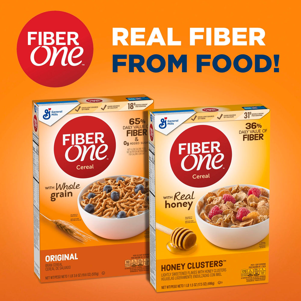 Whole grain-rich Fiber One Honey Clusters visual highlights nutrition.