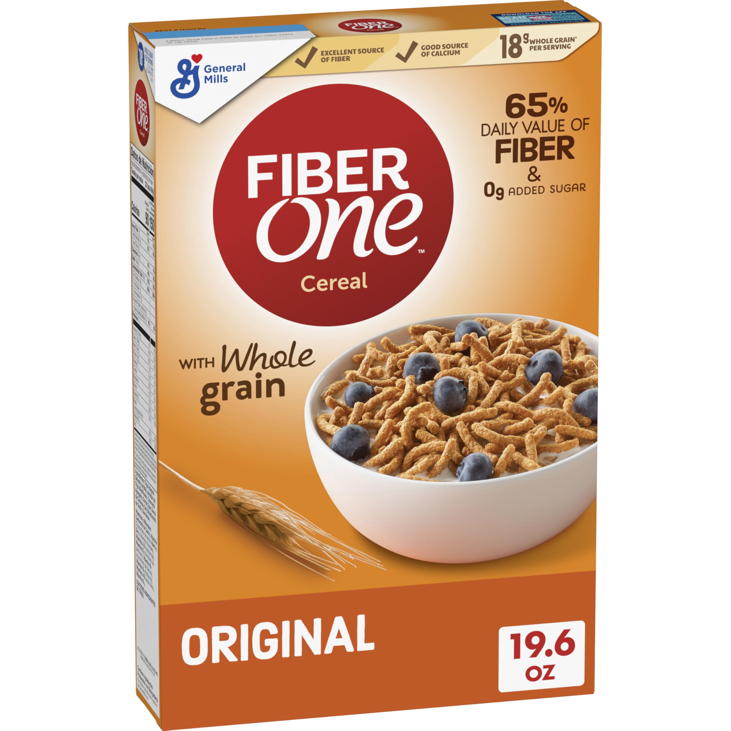 Fiber One Original Bran cereal box on shelf highlighting high fiber content for a healthy breakfast.
