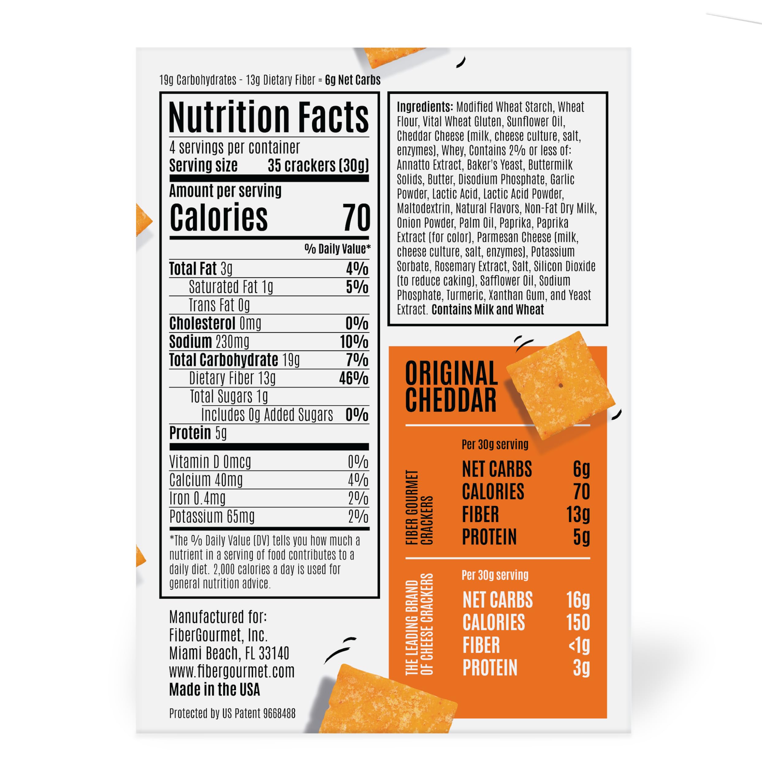 Fiber Gourmet Thinables cheddar crackers close-up highlighting real cheese flavor.