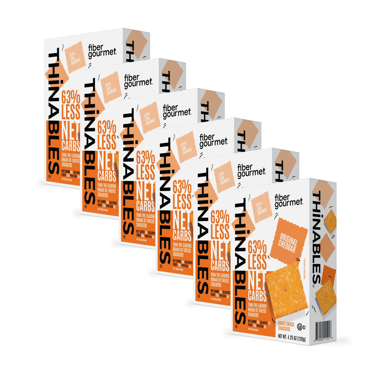 Fiber Gourmet Thinables baked cheddar crackers pack front, ideal for quick snacking.