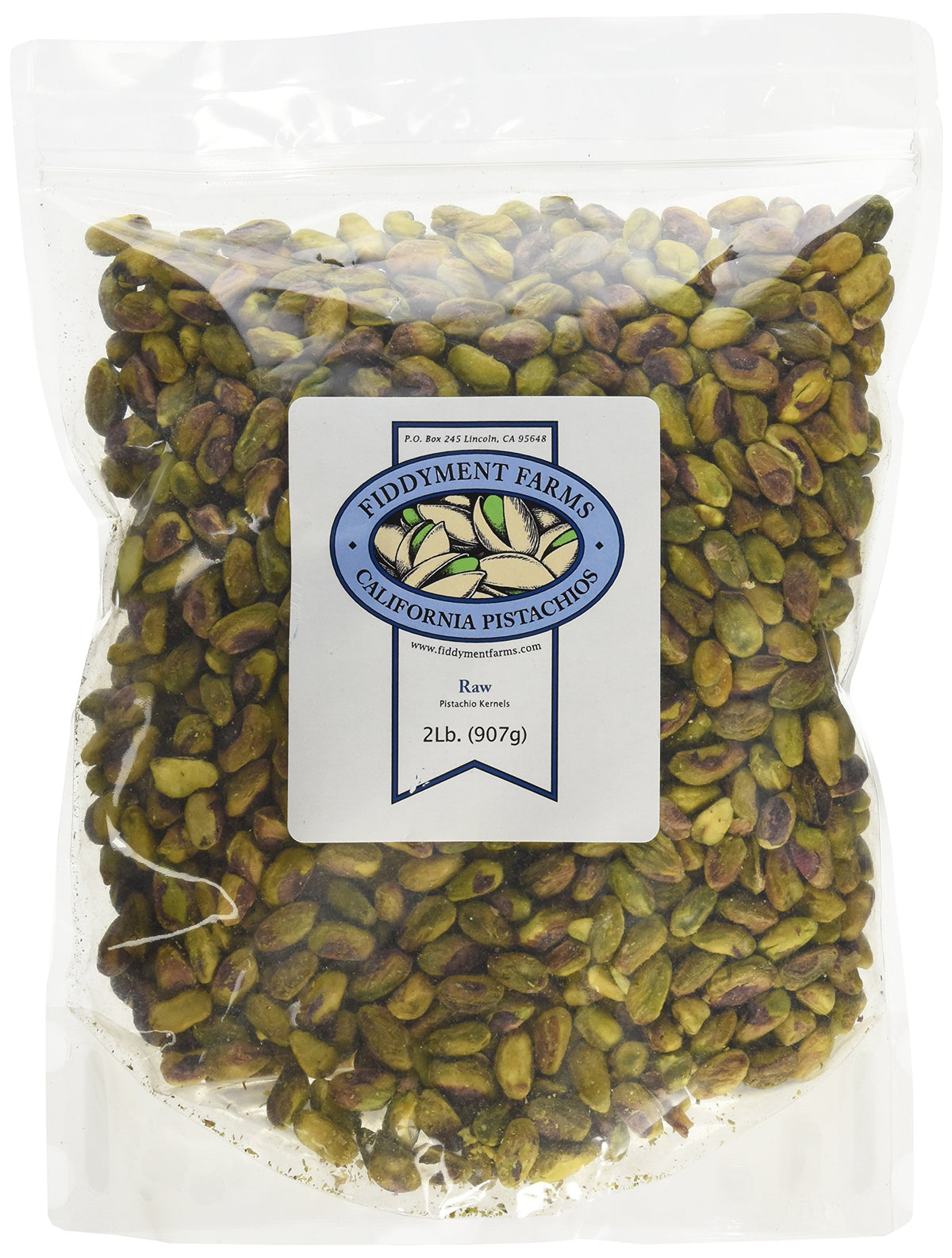 Fiddyment Farms 2lb raw pistachio kernels bag showcasing freshness and quality.