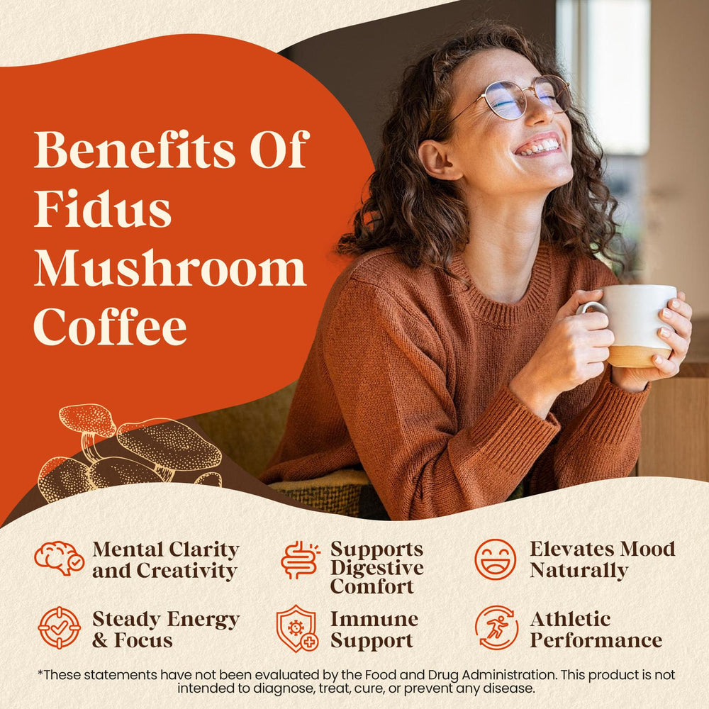 Fidus dual-extracted mushrooms label emphasizing potency and quality