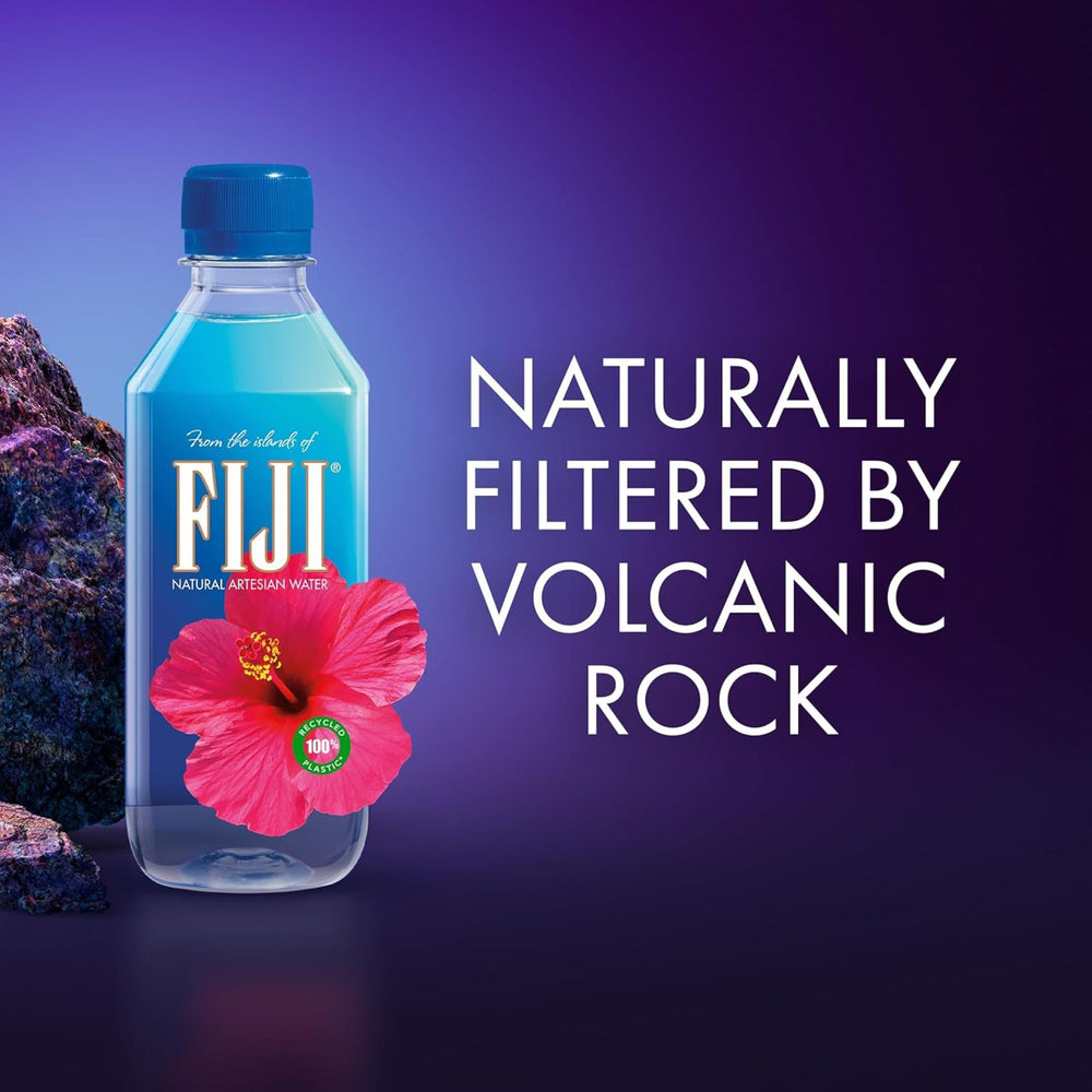 Eco-packaging icon for FIJI water highlighting 100% recycled plastic