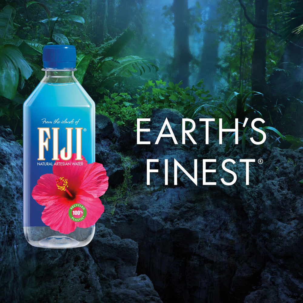 Close-up of FIJI Water label showing artesian source