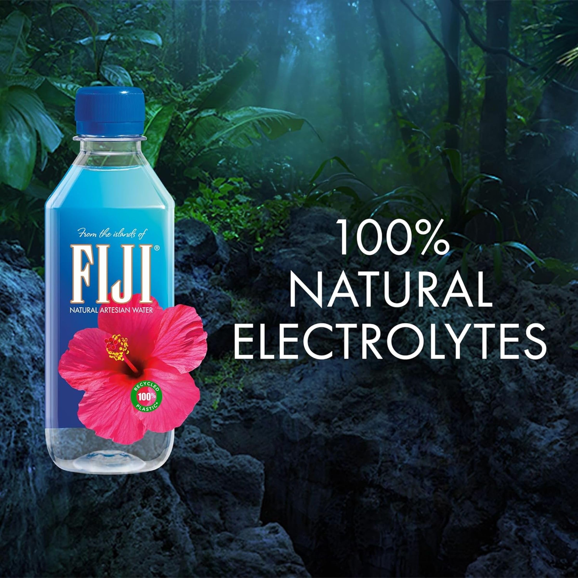FIJI water bottle on table demonstrating smooth, soft taste