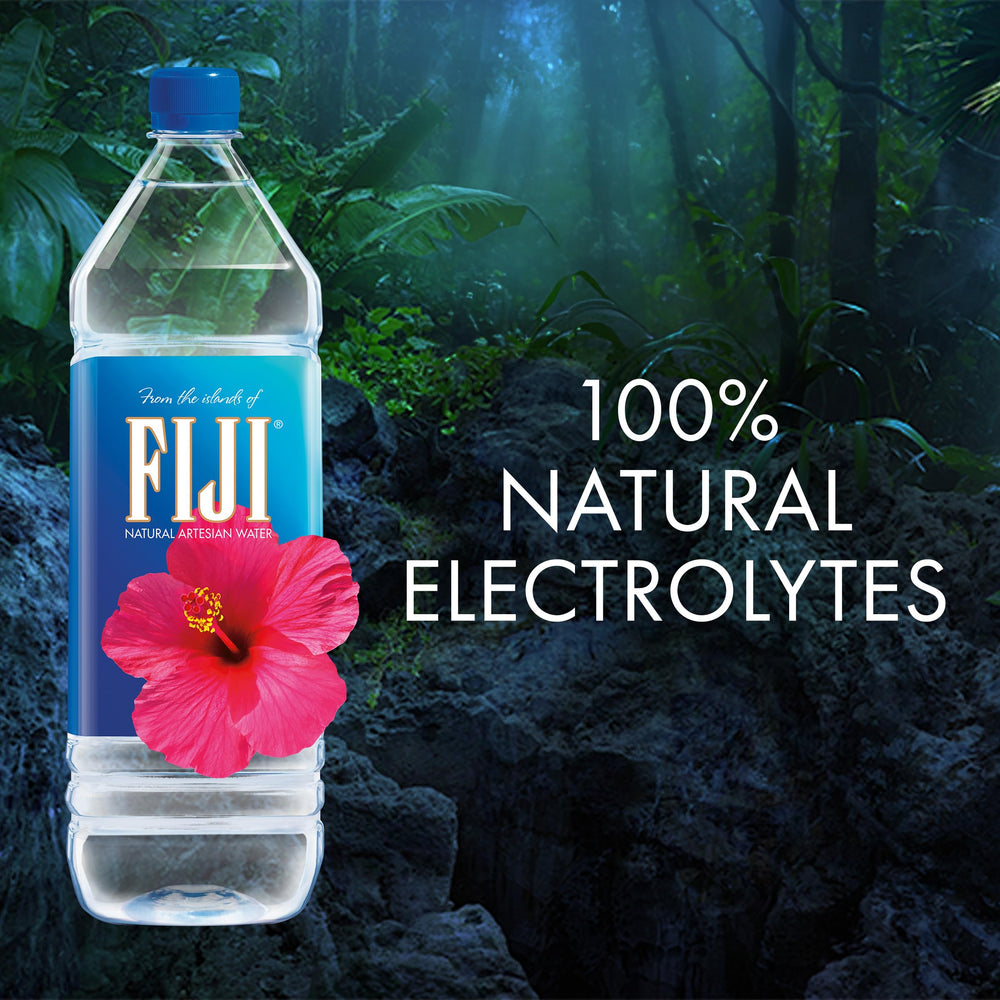 FIJI Water close-up on label highlighting silica content contributing to a soft taste.