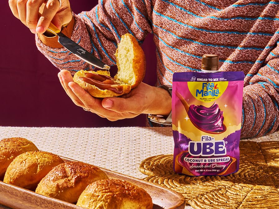 Fila Manila Ube Coconut Spread with pretzels and fruit as dip