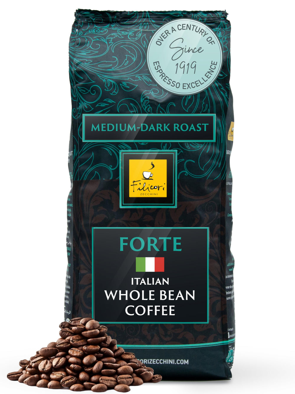 Filicori Zecchini bold dark roast Italian espresso beans deliver rich aroma and body.