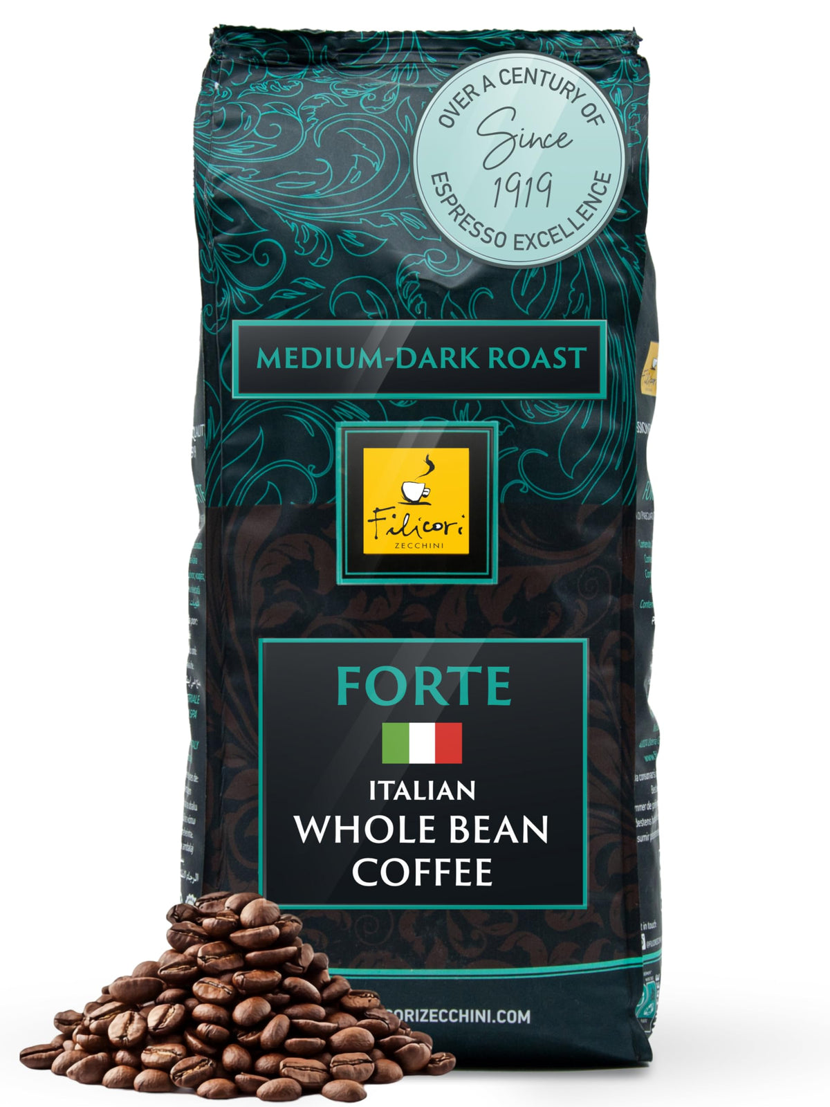 Filicori Zecchini bold dark roast Italian espresso beans deliver rich aroma and body.