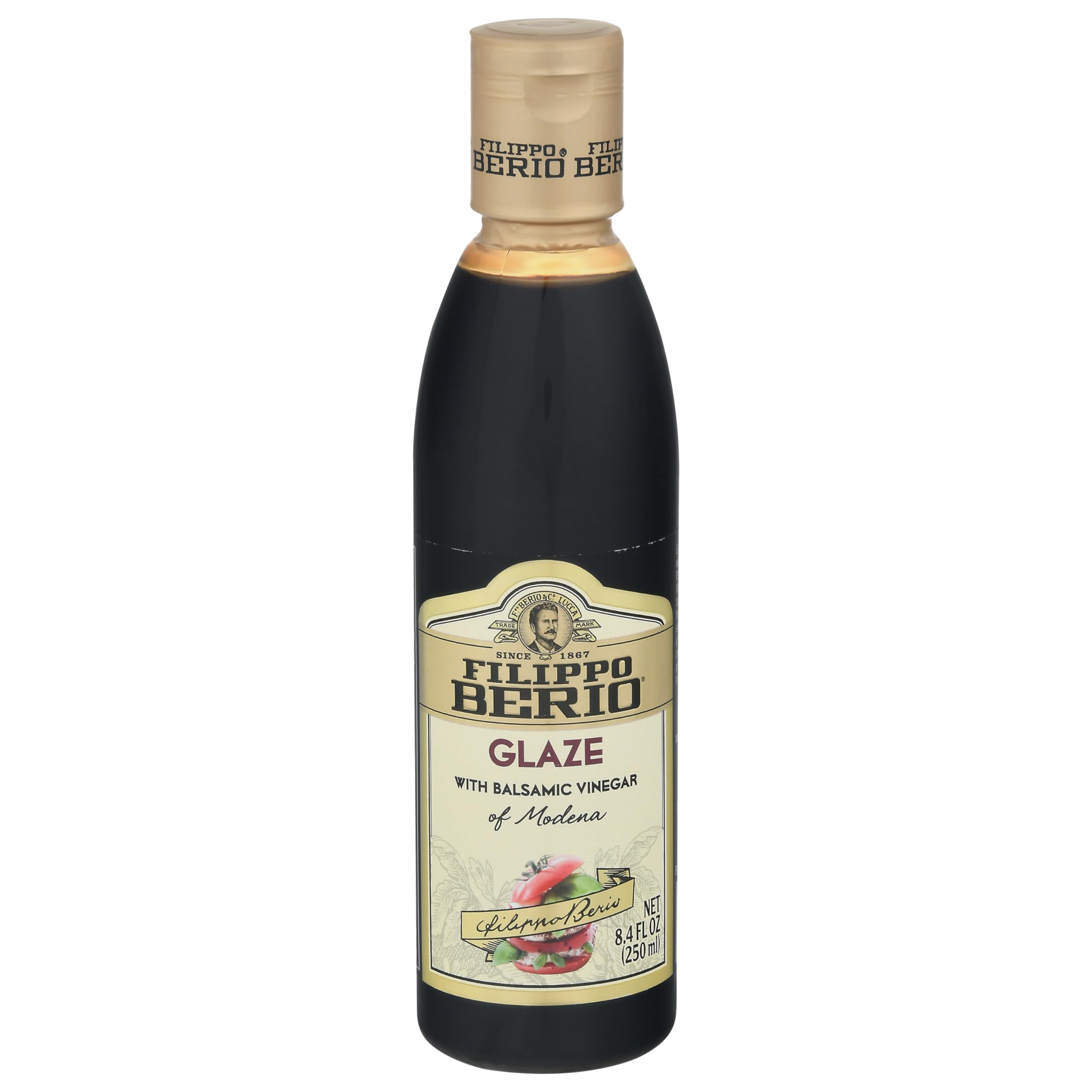 Filippo Berio glaze with balsamic Modena bottle pour for precise, tangy protein glaze