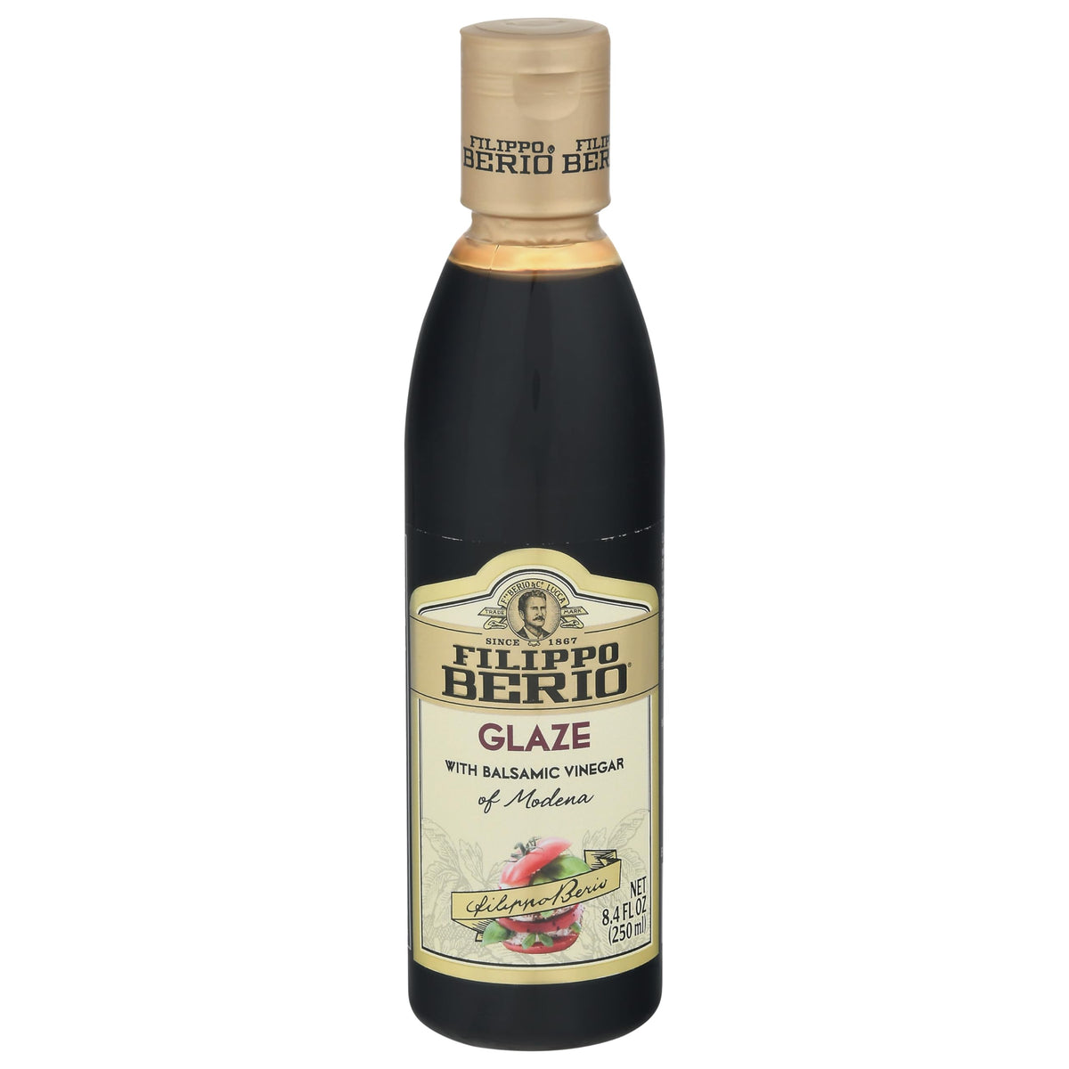 Filippo Berio glaze with balsamic Modena bottle pour for precise, tangy protein glaze