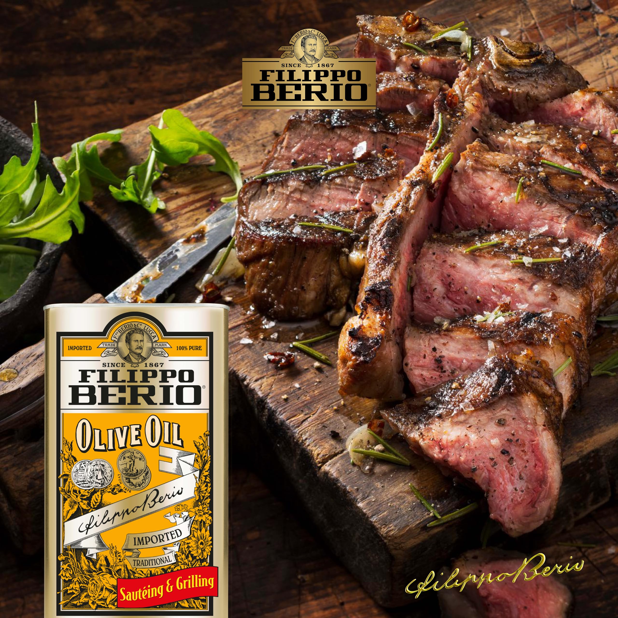 Filippo Berio Pure Olive Oil on prep board highlighting gluten-free and non-GMO