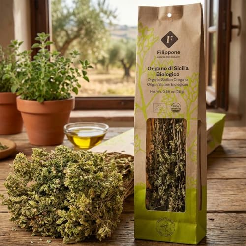 FILIPPONE organic oregano sprigs—hand-harvested quality ideal for soups and marinades.